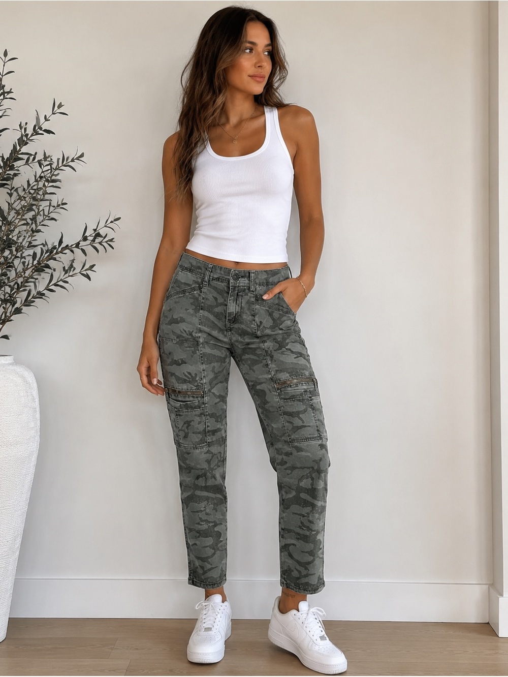 Slim Fit Camo Utility Pants | Y2K Grunge | Distressed | Zip Pocket